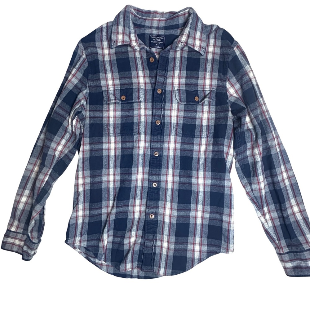 Abercrombie & Fitch Mens Flannel Shirt Navy Blue Red Plaid Cotton M Preppy‎ Y2K